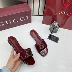 Gucci Round Interlocking G in Rosso Red Leather Shiny Classic Slides With OG Box & Carry Bag 1892