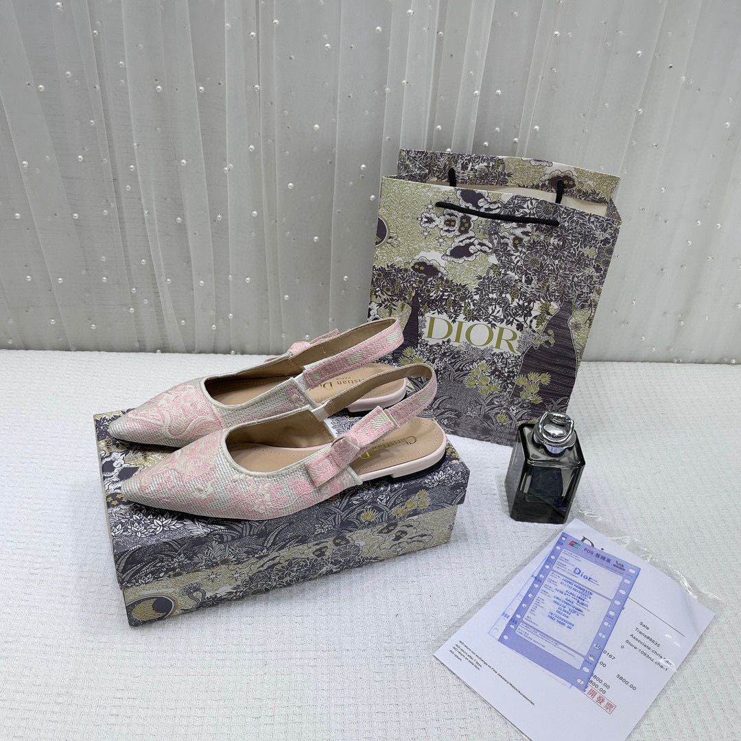 Christian Dior JAdior Slingback Pink Dior Embroidery Flat With OG Box Dust Bag & Carry Bag 5108 Pink