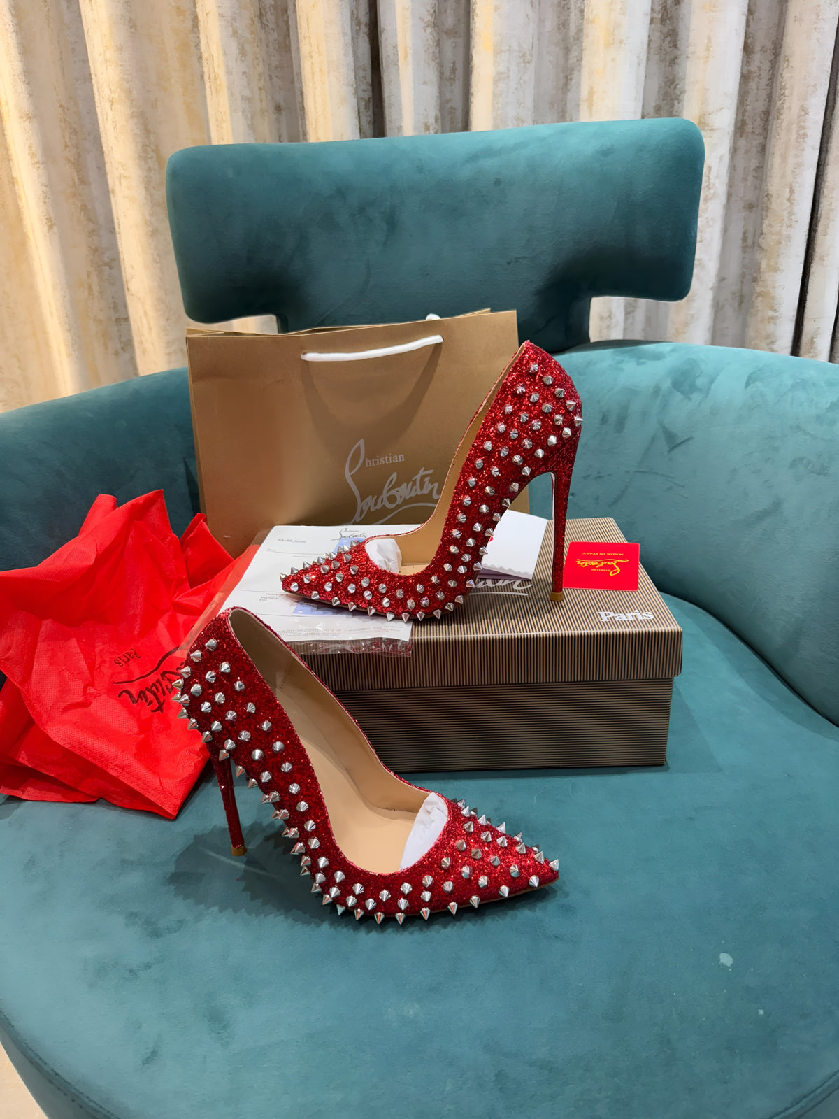 Christian Louboutin Pigalle Spikes Red Pointed Toe Heels For Women With OG Box Carry Bag & Dust Bag Red