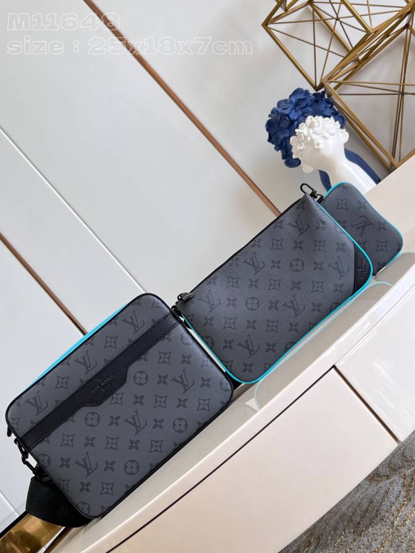Louis Vuittion LV Virgil Abloh Trio Messenger Multi Crossbody Bag With OG Box Dust Bag (Grey Flower Blue 45320)
