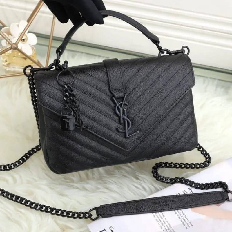 Ysl Saint Laurent College Quilted Leather Bag Electric Black With OG Box Dust Cover & Carry Bag 1324 Electric Black