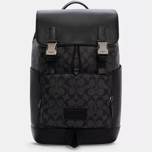 Coach Charter Backpack in Signature Canvas with Leather Flap Dual Buckle Closures & Front Zip Pocket (058)