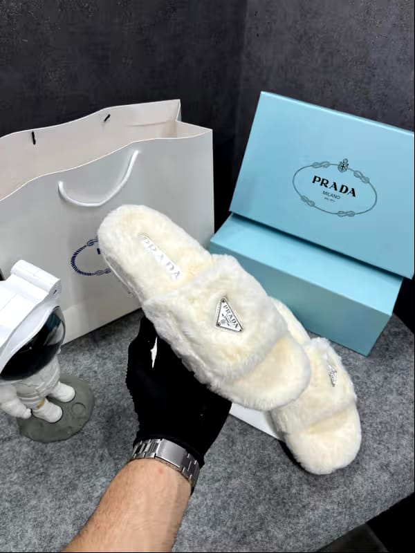 Prada Furry White Slippers For Her With OG Box Dust Bag & Carry Bag White