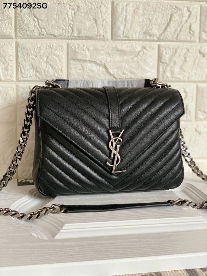 Ysl Saint Laurent College Quilted Leather Bag Ancient Silver Black With OG Box Dust Cover & Carry Bag 1324 Ancient Silver Black