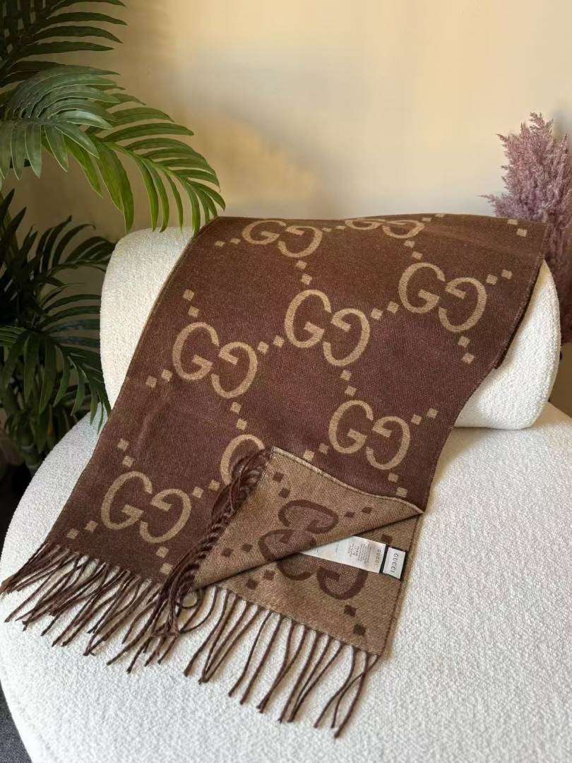 Gucci GG Monogram Brown Wool Scarf With OG Box & Carry Bag