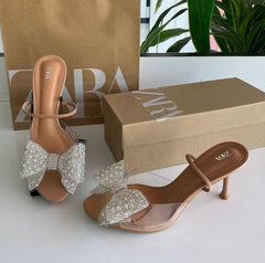 Zara Bow Crystal Embellished Heels For Women With Original Box