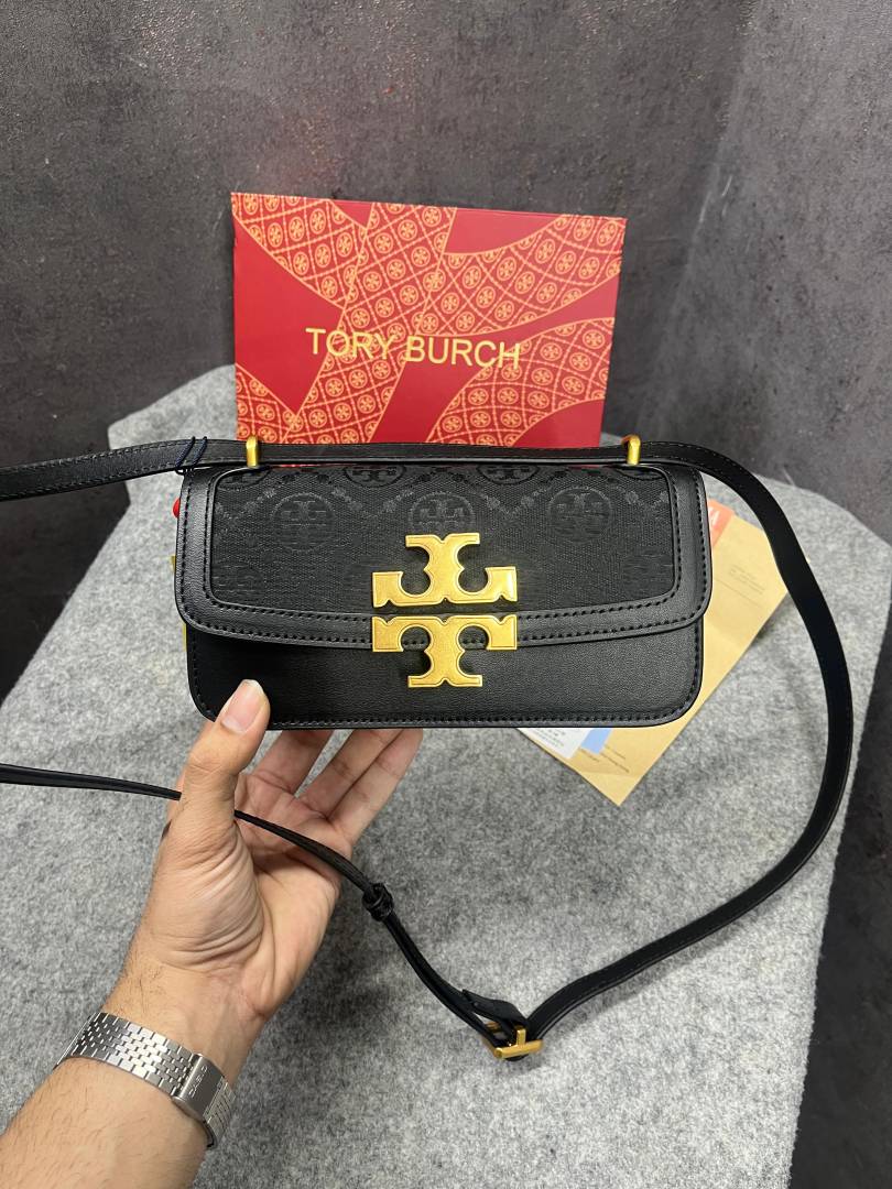 Tory Burch Eleanor T Monogram Small Convertible Shoulder Bag Black Jacquard With OG Box & Dust Cover 861568