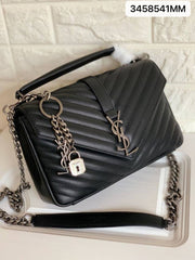 Ysl Saint Laurent College Quilted Leather Bag Ancient Silver Black With OG Box Dust Cover & Carry Bag 1324 Ancient Silver Black