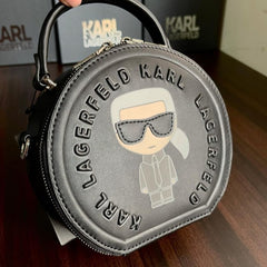 Karl Lagerfeld Black Round Top Handle Sling Bag With Box