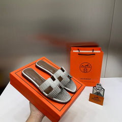 Hermes Paris Oran Flats Croc Leather White For Her With OG Box & Carry Bag White Slide