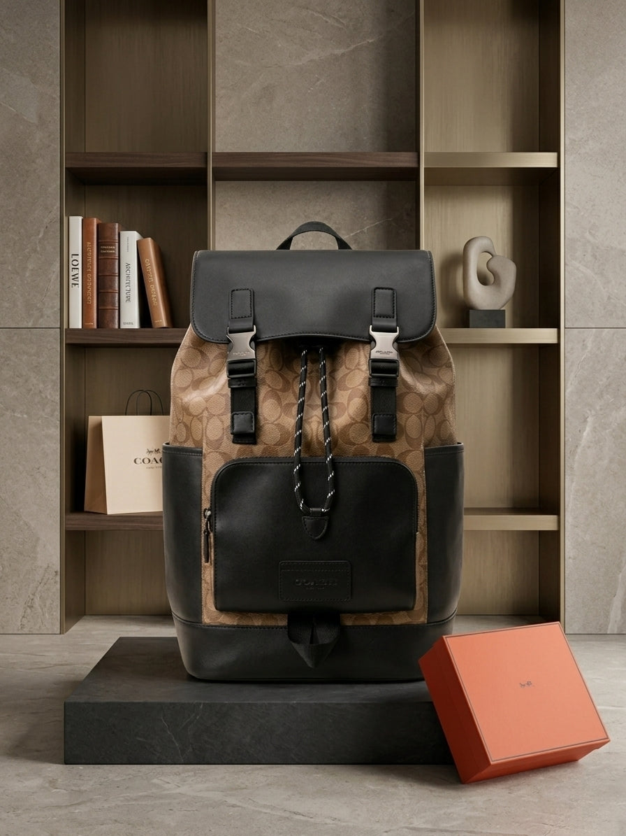 Coach Rivington Backpack Apricot Black Signature Canvas Unisex Backpack With Dust Cover 058 Apricot Black