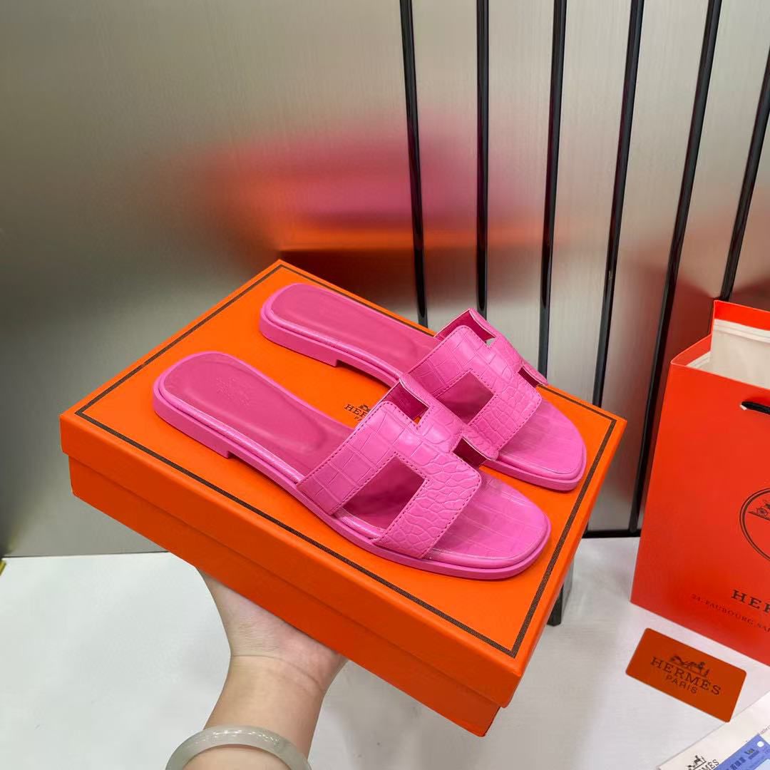 Hermes Paris Oran Flats For Her With OG Box & Carry Bag Fuchsia Pink Slide H38-13