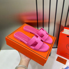 Hermes Paris Oran Flats For Her With OG Box & Carry Bag Fuchsia Pink Slide H38-13