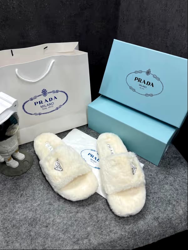 Prada Furry White Slippers For Her With OG Box Dust Bag & Carry Bag White