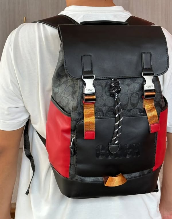Coach Rivington Backpack Colorblock Black Red Signature Canvas Unisex Backpack With Dust Cover 058-1 Black Red