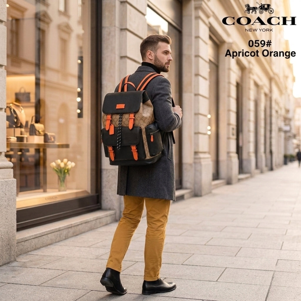 Coach Unisex Rivington Backpack Apricot Black Orange Sprint Leather With Dust Bag 059 Apricot Black Orange