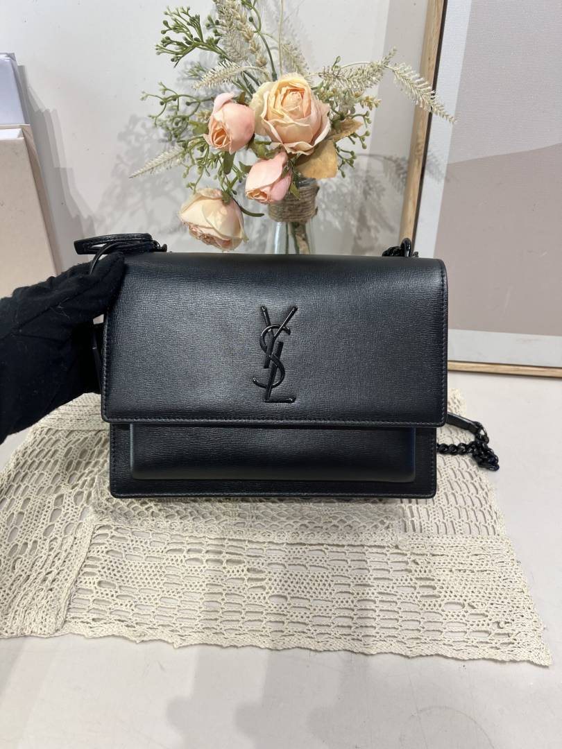 Ysl Saint Laurent Sunset Medium Leather Shoulder Bag Black With OG Box & Carry Bag Black Y2503