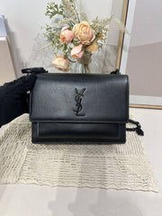 Ysl Saint Laurent Sunset Medium Leather Shoulder Bag Black With OG Box & Carry Bag Black Y2503
