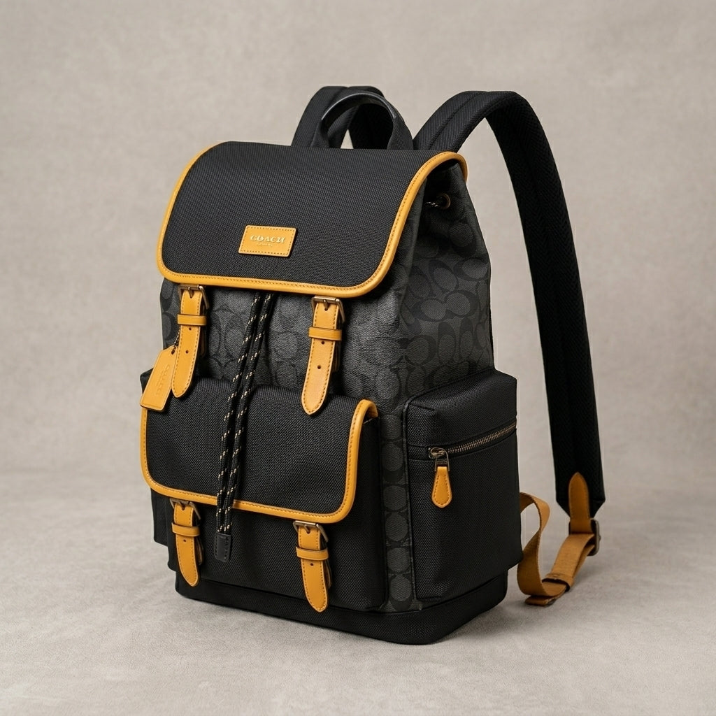 Coach Unisex Rivington Backpack Apricot Black Yellow Sprint Leather With Dust Bag 059 Black Yellow