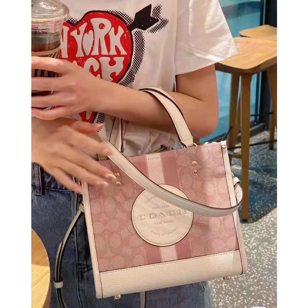 Coach Dempsey Tote 22 In Signature Jacquard With Stripe And Coach Patch With OG Box & Dust Bag (Pink-5638)