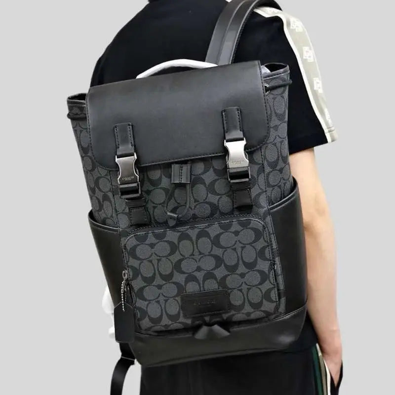 Coach Charter Backpack in Signature Canvas with Leather Flap Dual Buckle Closures & Front Zip Pocket (058)