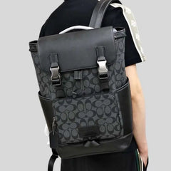 Coach Charter Backpack in Signature Canvas with Leather Flap Dual Buckle Closures & Front Zip Pocket (058)