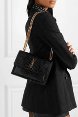 Ysl Saint Laurent Sunset bag Black Croc Embossed Leather With OG Box Dust Cover 25041 Black