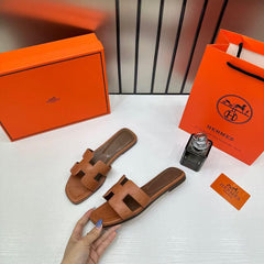 Hermes Paris Oran Flats For Her With OG Box & Carry Bag Brown Slide H38