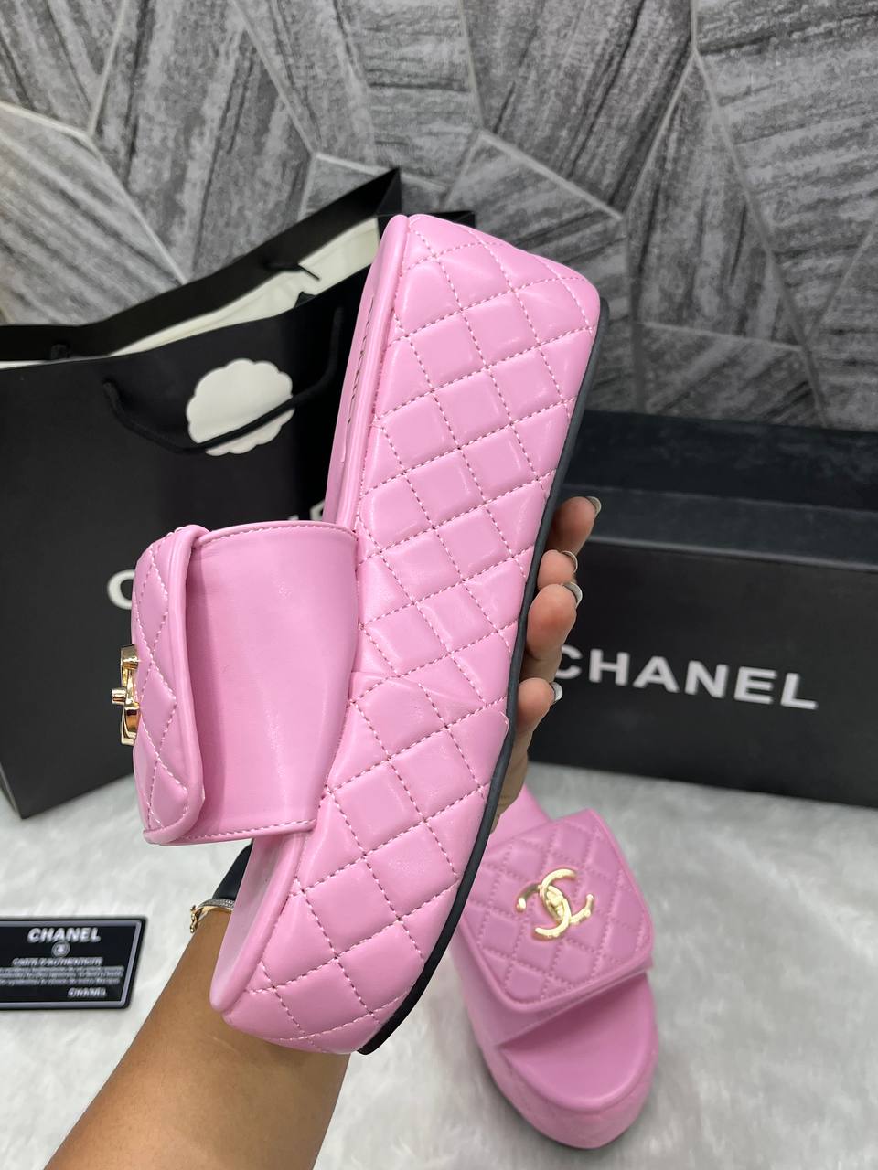 Chanel Twist Lock Pink platform  Slides For Women With Original Box And Carry Bag