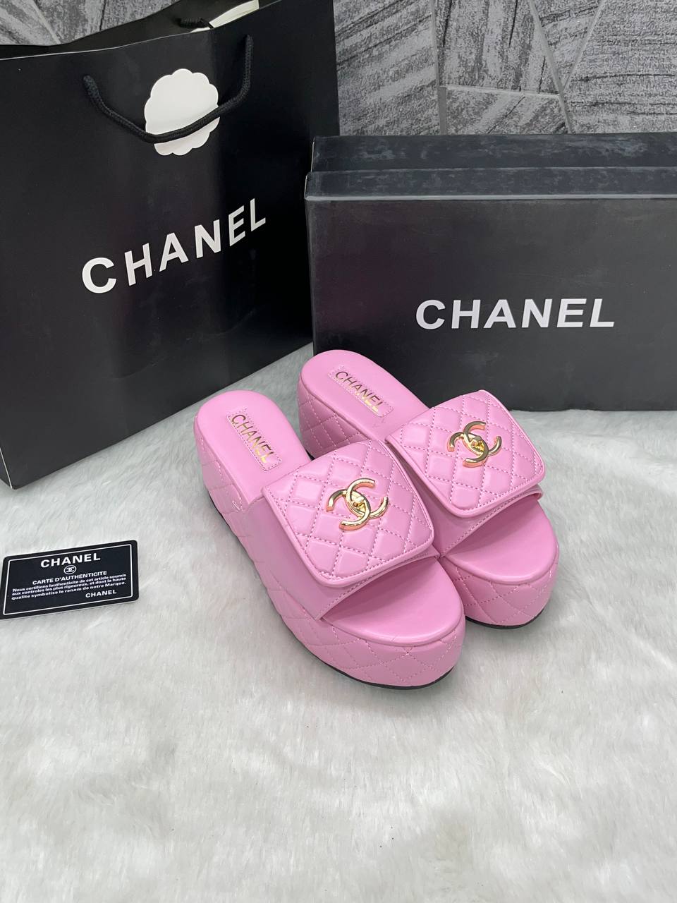Chanel Twist Lock Pink platform  Slides For Women With Original Box And Carry Bag