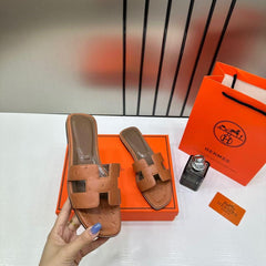 Hermes Paris Oran Flats For Her With OG Box & Carry Bag Brown Slide H38