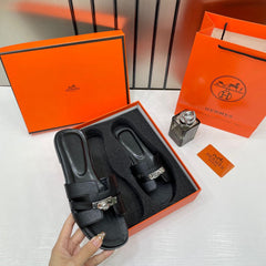 Hermes Oran Black Flats For Women With  Original Box And Carry Bag