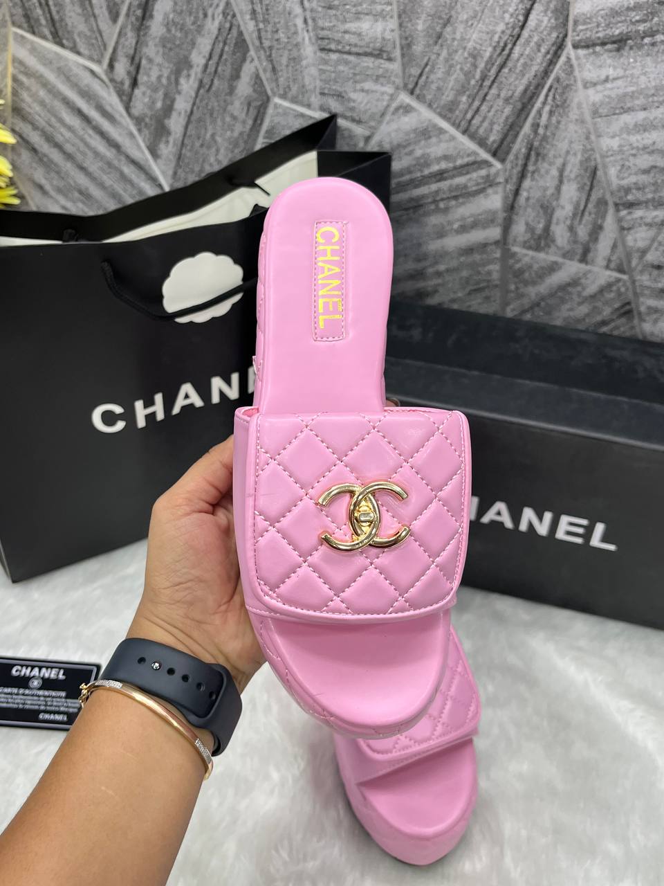 Chanel Twist Lock Pink platform  Slides For Women With Original Box And Carry Bag