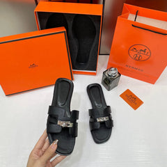 Hermes Oran Black Flats For Women With  Original Box And Carry Bag