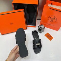 Hermes Oran Black Flats For Women With  Original Box And Carry Bag
