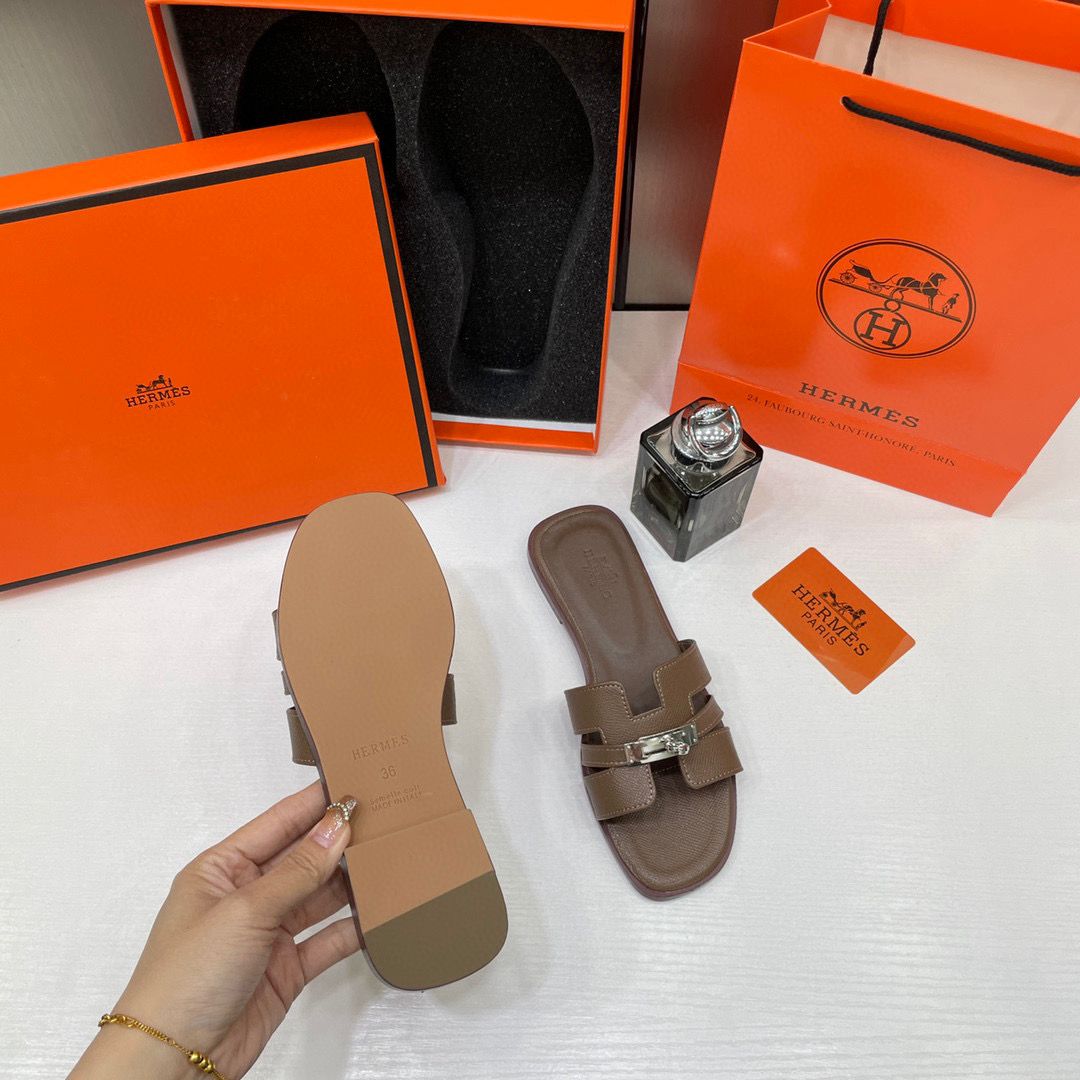 Hermes Oran Dark Khakhi Flats For Women With Original Box  And Carry Bag