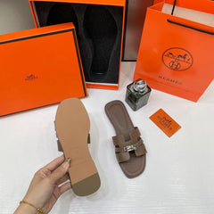 Hermes Oran Dark Khakhi Flats For Women With Original Box  And Carry Bag