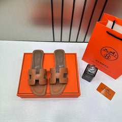 Hermes Paris Oran Flats For Her With OG Box & Carry Bag Brown Slide H38