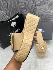 Chanel Twist Lock Khakhi Platform Slides For Women With Original Box And Carry Bag