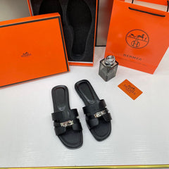 Hermes Oran Black Flats For Women With  Original Box And Carry Bag