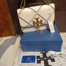 Tory Burch White Diamond Quilt Leather Eleanor Shoulder Bag With OG Box & Dust Bag TR084 White