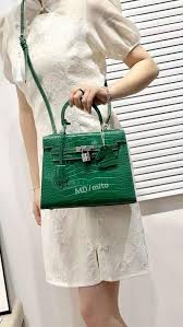 Hermes Blanc Crocodile Niloticus Green Encrusted Birkin Bag With OG Box & Dust Bag (1028 Green)