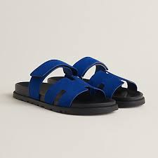 HERMES Calfskin Mens Chypre Sandals Black Navy