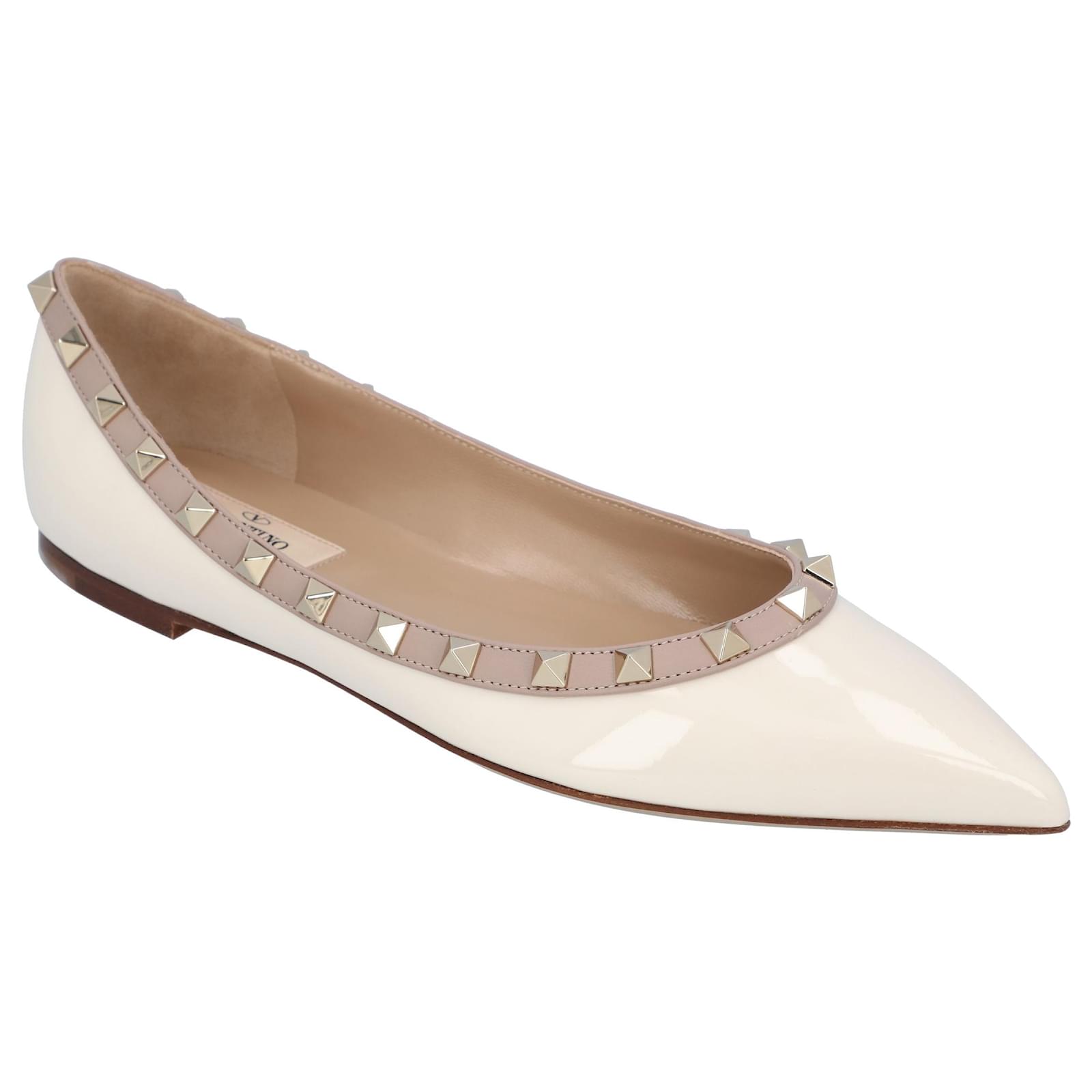 Valentino Rockstud Patent White Ballerina Flats For Women With Original Box And Carry Bag