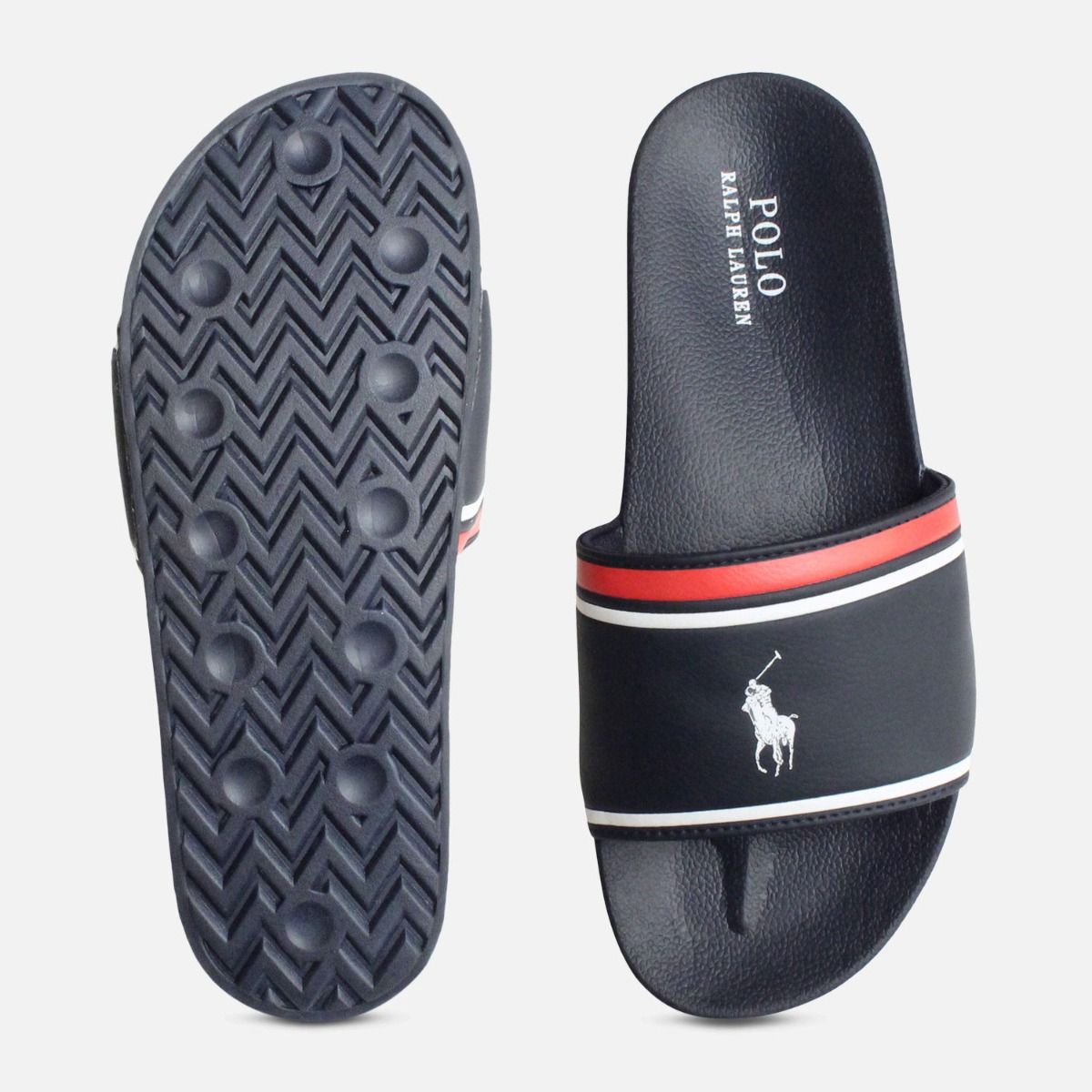 RALPH LAUREN POLO  Navy Blue White Ralph Lauren Quilton Slide