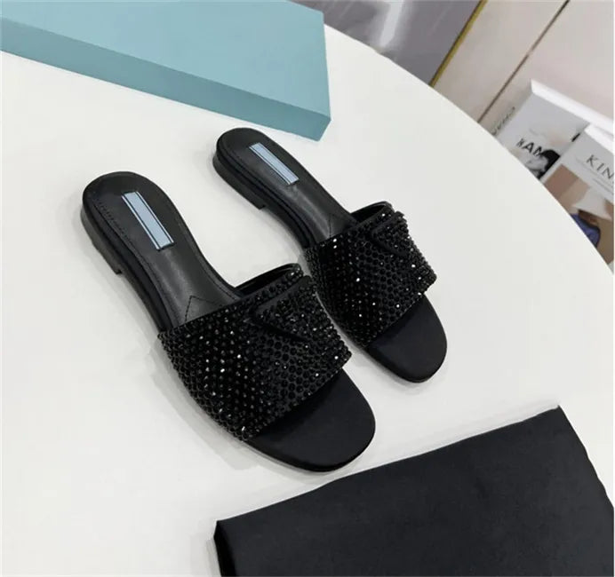Prada Crystal Diamond Rhinestone Slides With OG Box & Dust Bag (All Black)