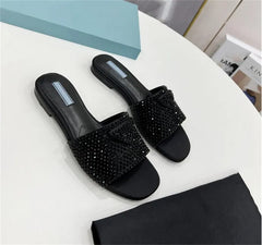 Prada Crystal Diamond Rhinestone Slides With OG Box & Dust Bag (All Black)