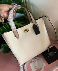 Coach Willow Leather Tote 24 In Colorblock White With Shoulder Strap & Dust Bag 8561