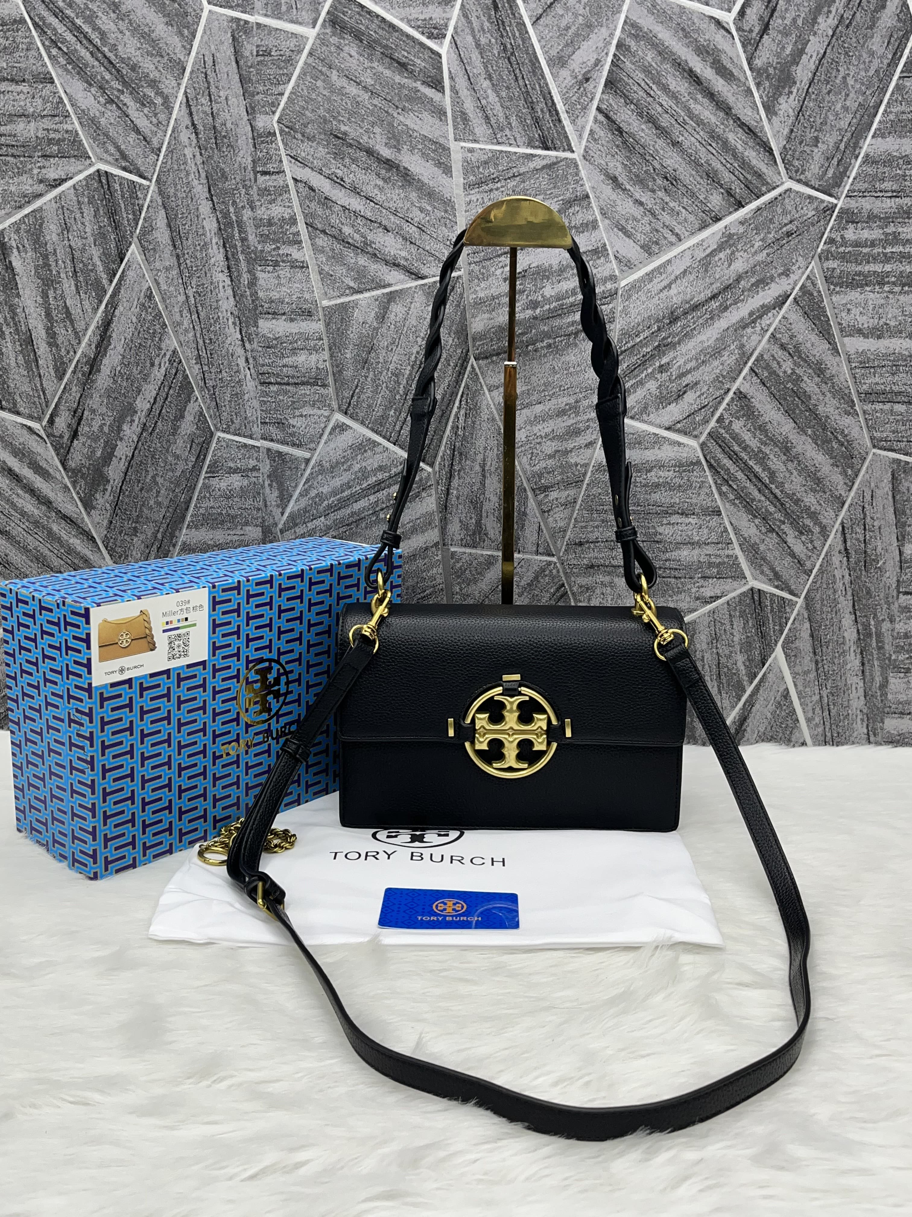 Tory Burch Miller Leather Shoulder Sling Bag With OG Box & Dust Bag Black TR626